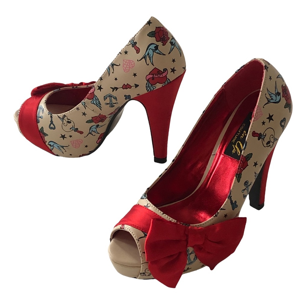 PinUp Couture BETTIE 13 Heels Peep Toe Day of The Dead Die De Los Muertos Bow, 5